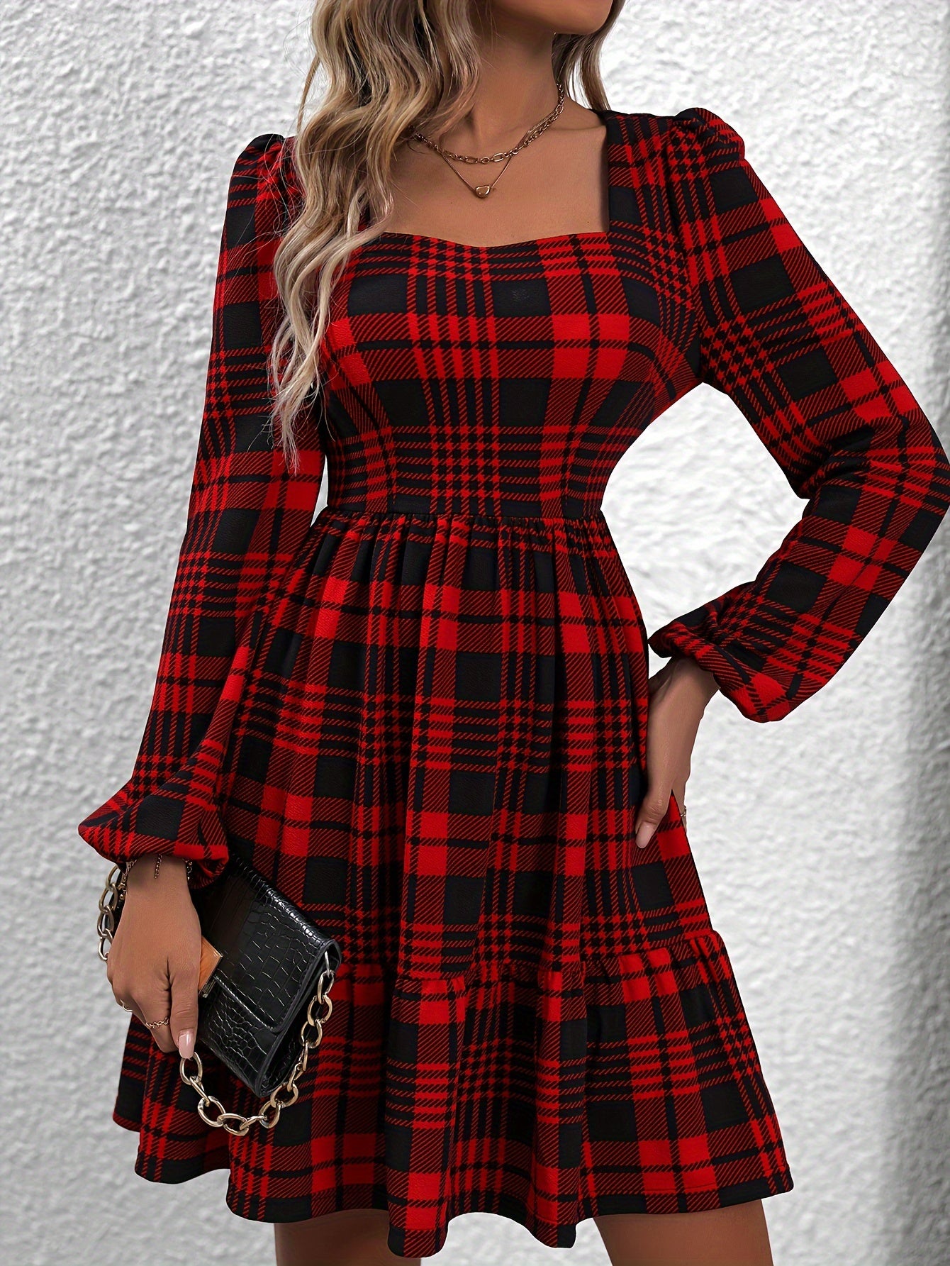 Antmvs Plaid Pattern Square Neck Dress, Vintage Lantern Sleeve Dress For Spring & Fall, Women's Clothing