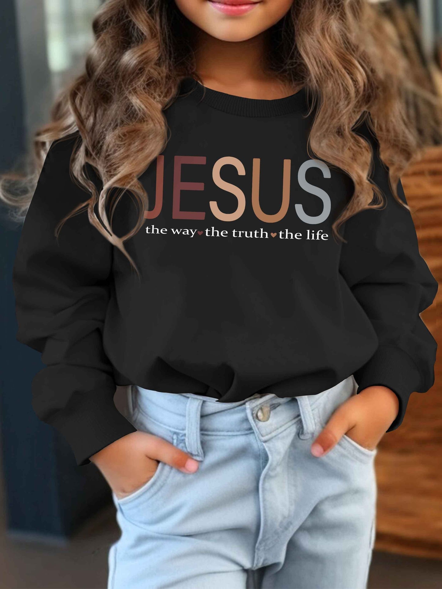 Vibrant Jesus Graphic Sweatshirt - Soft Crew Neck, Casual Sporty Style, Outdoor Wear, Gift Idea for Girls, Kids' Clothing, Relaxed Fit, Comfortable Fabric