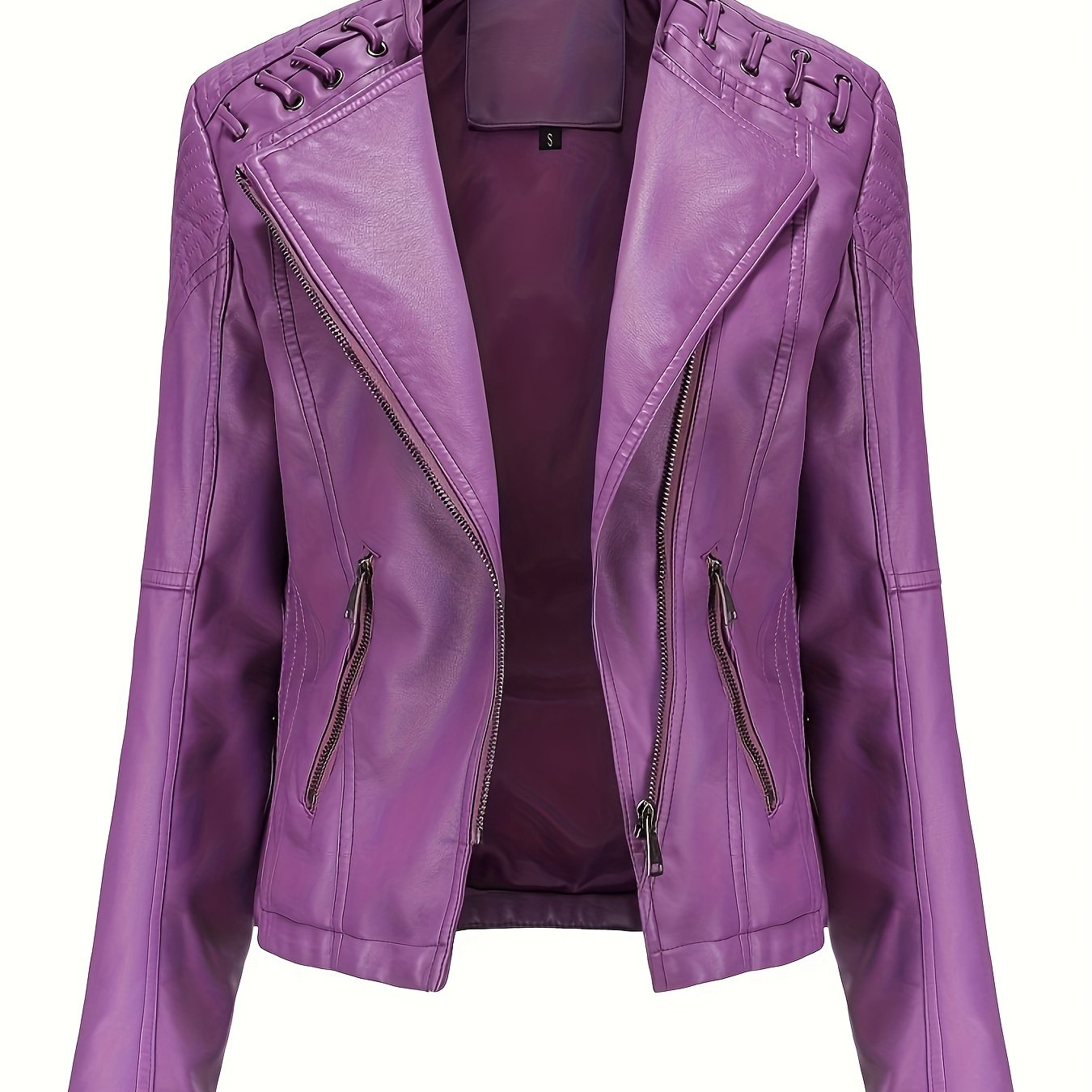 Antmvs Zipper Faux Leather Jacket, Casual Solid Long Sleeve Outerwear, Women's Clothing