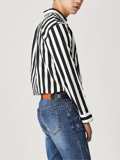 Antmvs Men's Casual Stripe V Neck Long Sleeve Shirt With No Button, Male Clothes For Spring And Summer