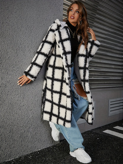 Antmvs Plaid Print Double-breasted Plush Coat, Casual Thermal Long Sleeve Lapel Midi Length Coat For Fall & Winter, Women's Clothing