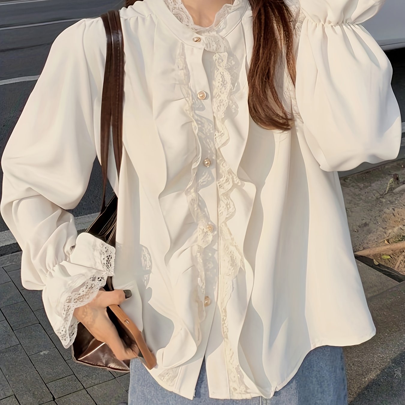 Antmvs Contrast Lace Ruffle Decor Blouse, Chic Button Front Long Sleeve Blouse, Women's Clothing
