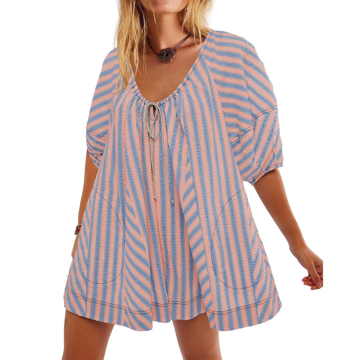 Antmvs -  Womens Striped Romper Casual Loose Puff Sleeve Wide Leg Jumpsuit Overall with Pockets