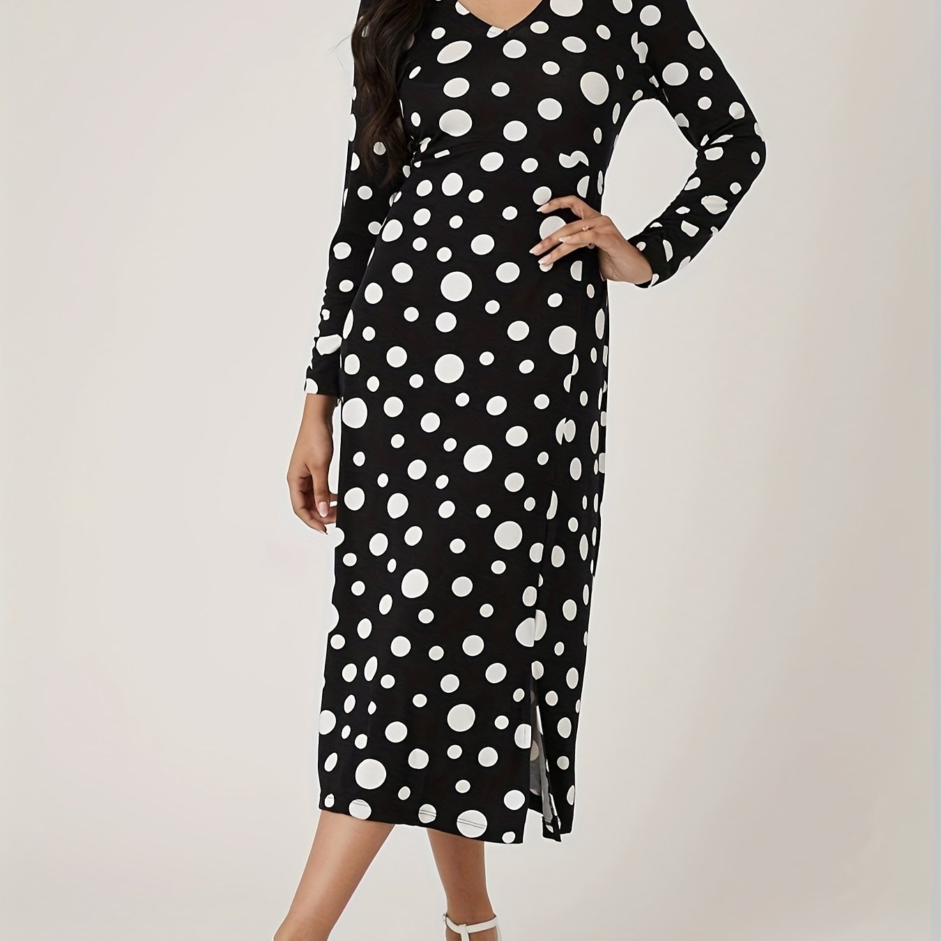 Antmvs Polka Dot Print Long Sleeve Dress, Casual V Neck Split Hem Dress For Spring & Fall, Women's Clothing