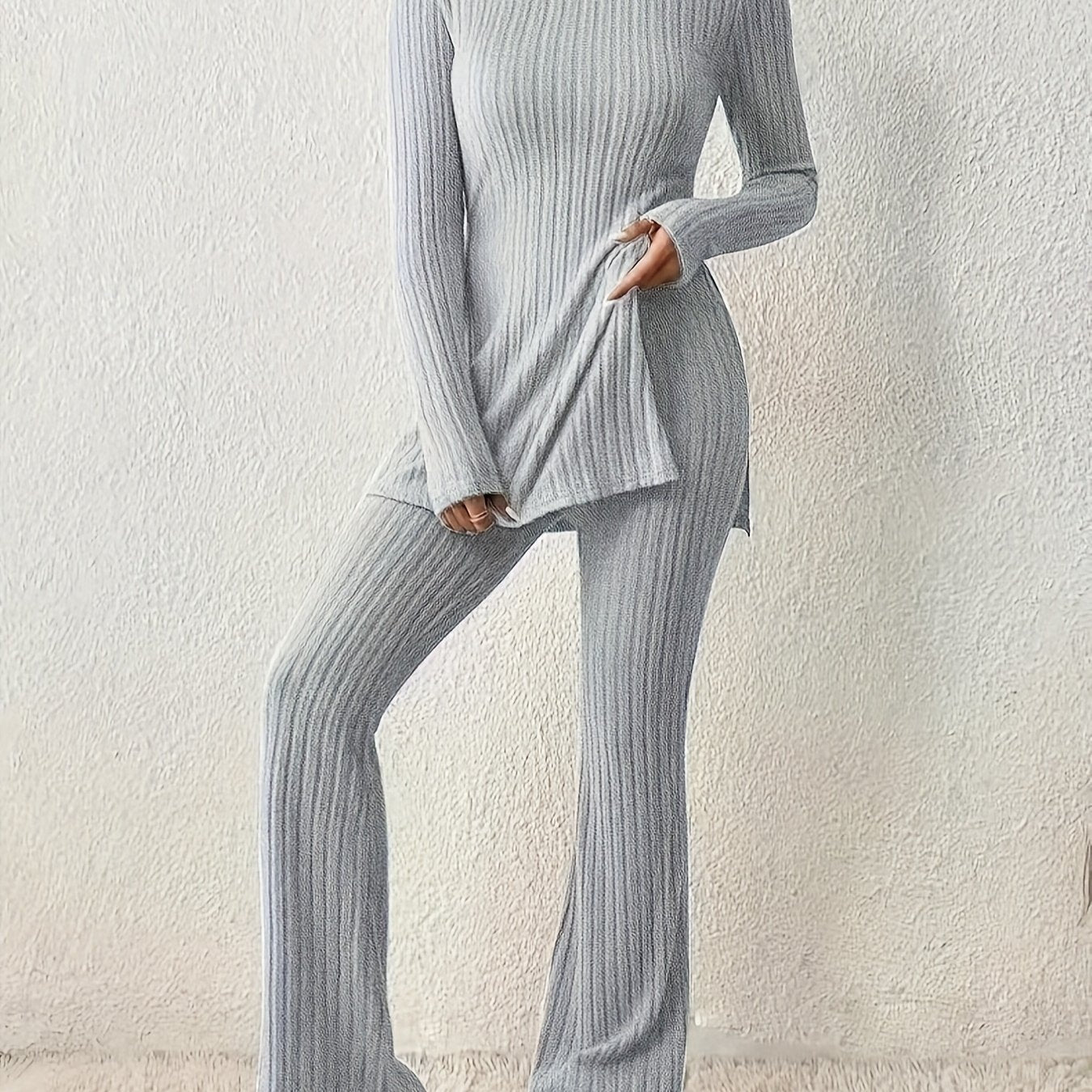 Antmvs Ribbed Solid Two-piece Set, Split Crew Neck Long Sleeve Tops & Flared Leg Pants Outfits, Women's Clothing