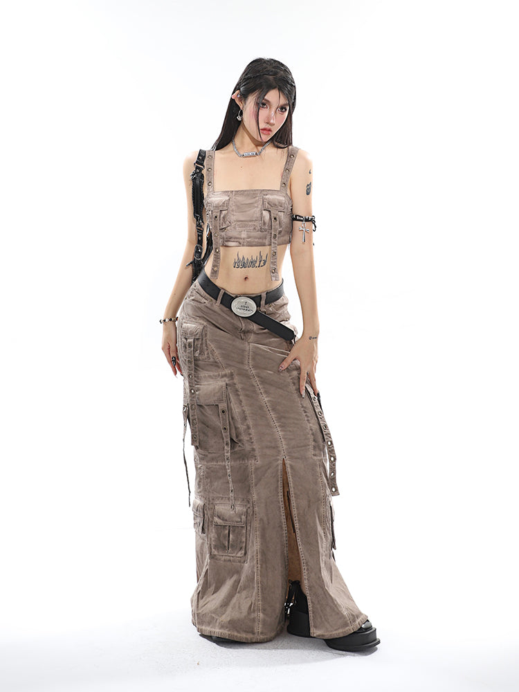 Antmvs Avery Gothic Denim Washed Solid Color Multi-Pocket Spaghetti Strap Cropped Top + Denim Washed Solid Color Multi-Pocket High Waist A-Line Long Skirt Matching Set