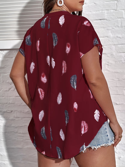 Plus Size Feather Print Blouse - Stylish Notch Neck, Ultra-Casual Short Sleeve Design for Everyday Comfort - Perfect for Spring and Summer Seasons, Exclusively for Womens Plus Size Needs