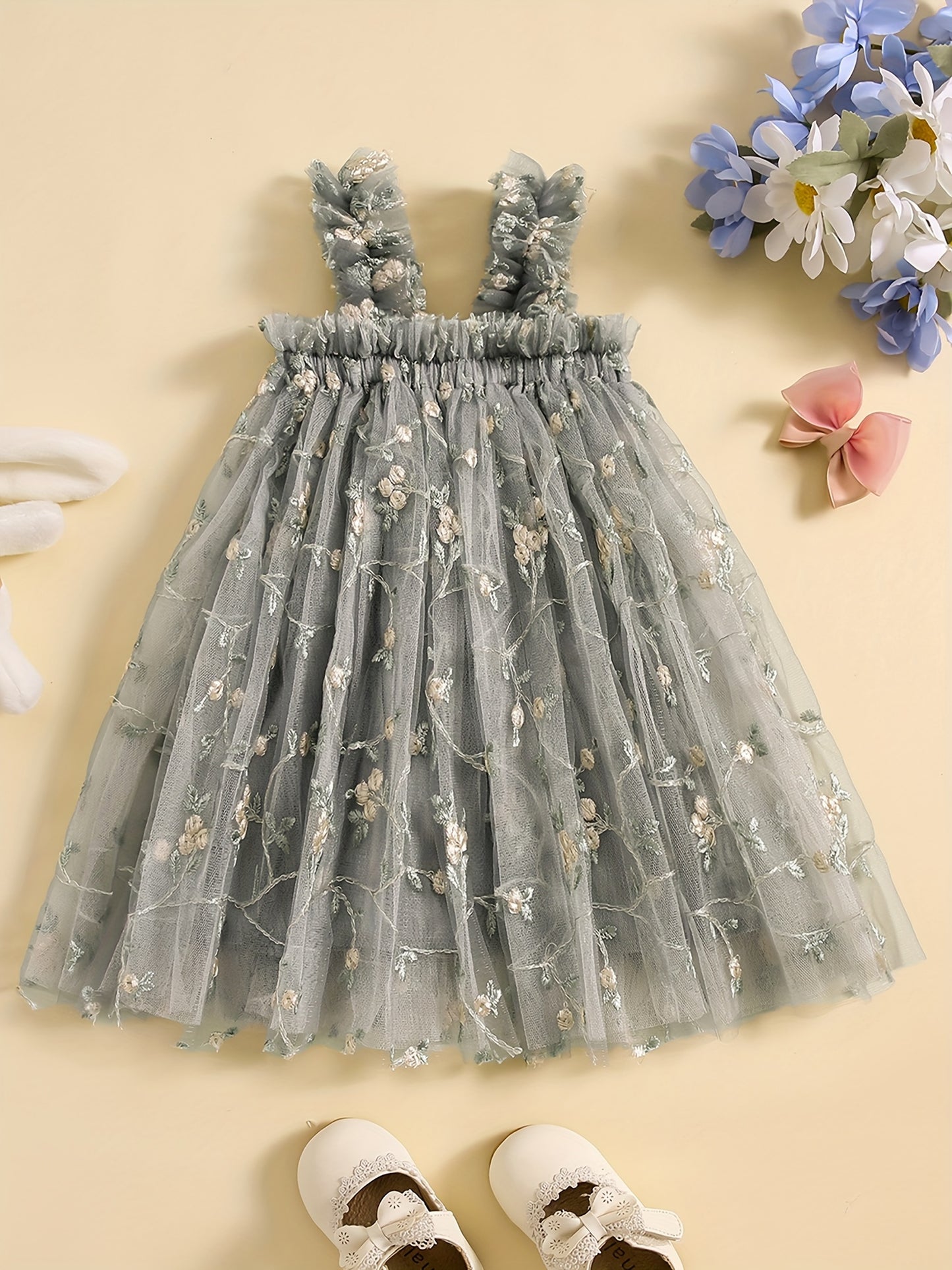 Baby's Elegant Flower Embroidered Mesh Sleeveless Tent Dress, Infant & Toddler Girl's Clothing For Summer Birthday Party, As Gift