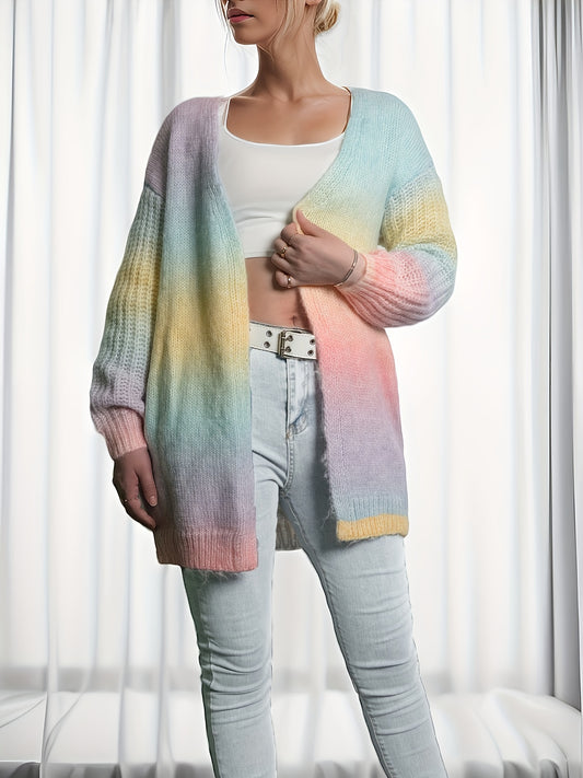 Antmvs Colorful Gradient Knit Cardigan, Casual Open Front Long Sleeve Sweater, Women's Clothing