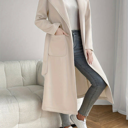 Antmvs Solid Lapel Mid Length Overcoat, Casual Open Front Long Sleeve Outerwear With Pockets, Women's Clothing