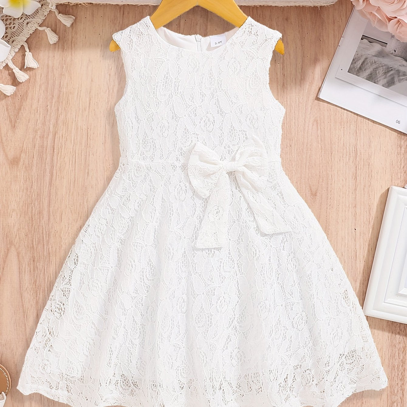 3-10 Years Old Girls Lovely Sleeveless Fit and Flare Lace Party Dress with Bowknot Front - Knee High, Non-Stretch, Solid Color, Casual Style for Summer