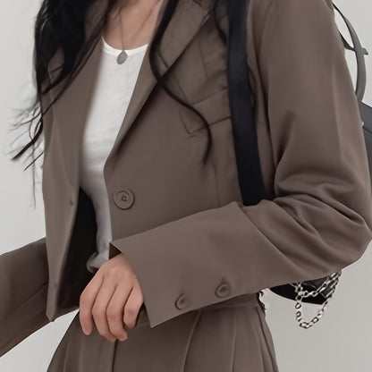 Antmvs Solid Button Front Crop Blazer, Elegant Lapel Long Sleeve Blazer For Office & Work, Women's Clothing
