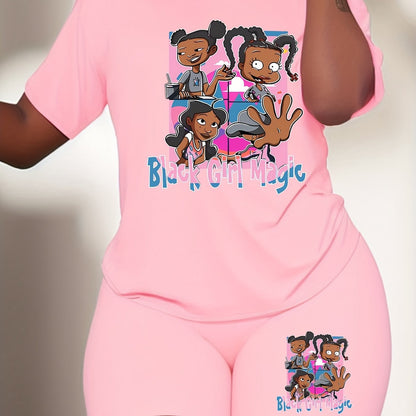 Plus Size Women's 2-Piece Set - Vibrant "Black Girl Magic" Graphic Tee and Matching Blue Shorts - Inspirational Casual Summer Outfit with Relaxed Fit, Breathable Fabric, and Stylish Design for Confident Women