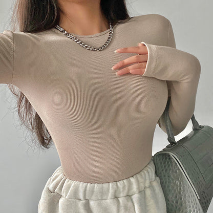 Antmvs Willy Solid Color Ribbed Round Neck Slim Long Sleeve Cropped Bodysuit Top