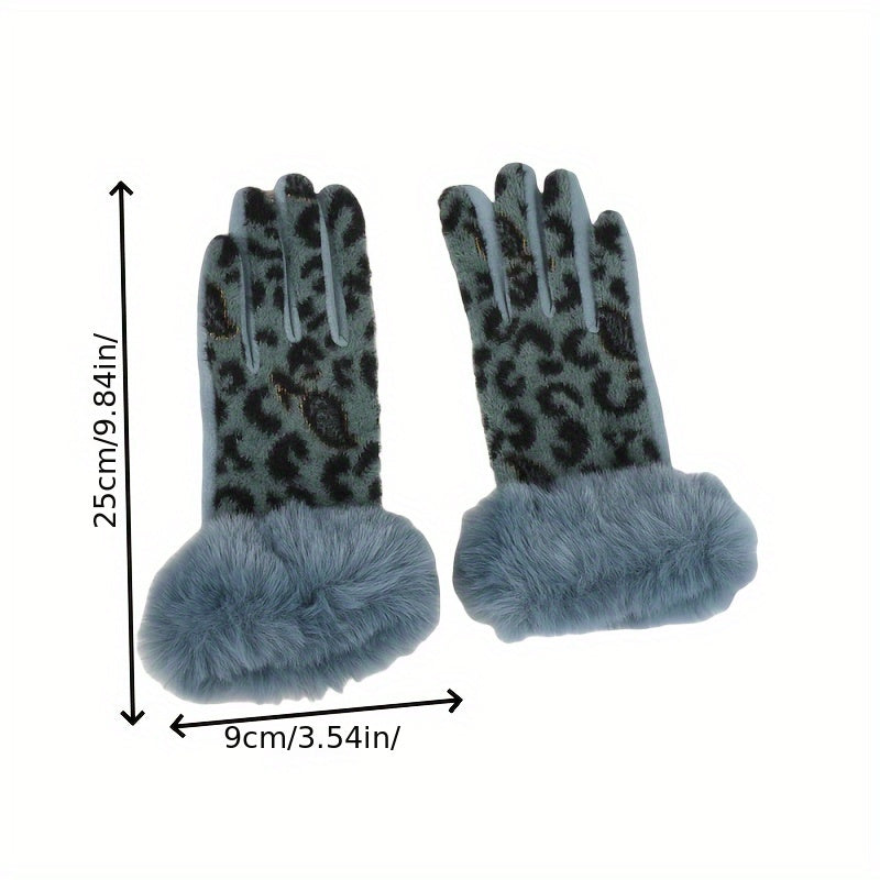 Vintage Leopard Print Faux Fur Cuff Knitted Touchscreen Gloves for Women – Polyester, Full-Finger, Non-Stretch, Stripe Pattern, Mittens for Casual Weekend Use – Warm, Crafted Knitting, No Electricity Required