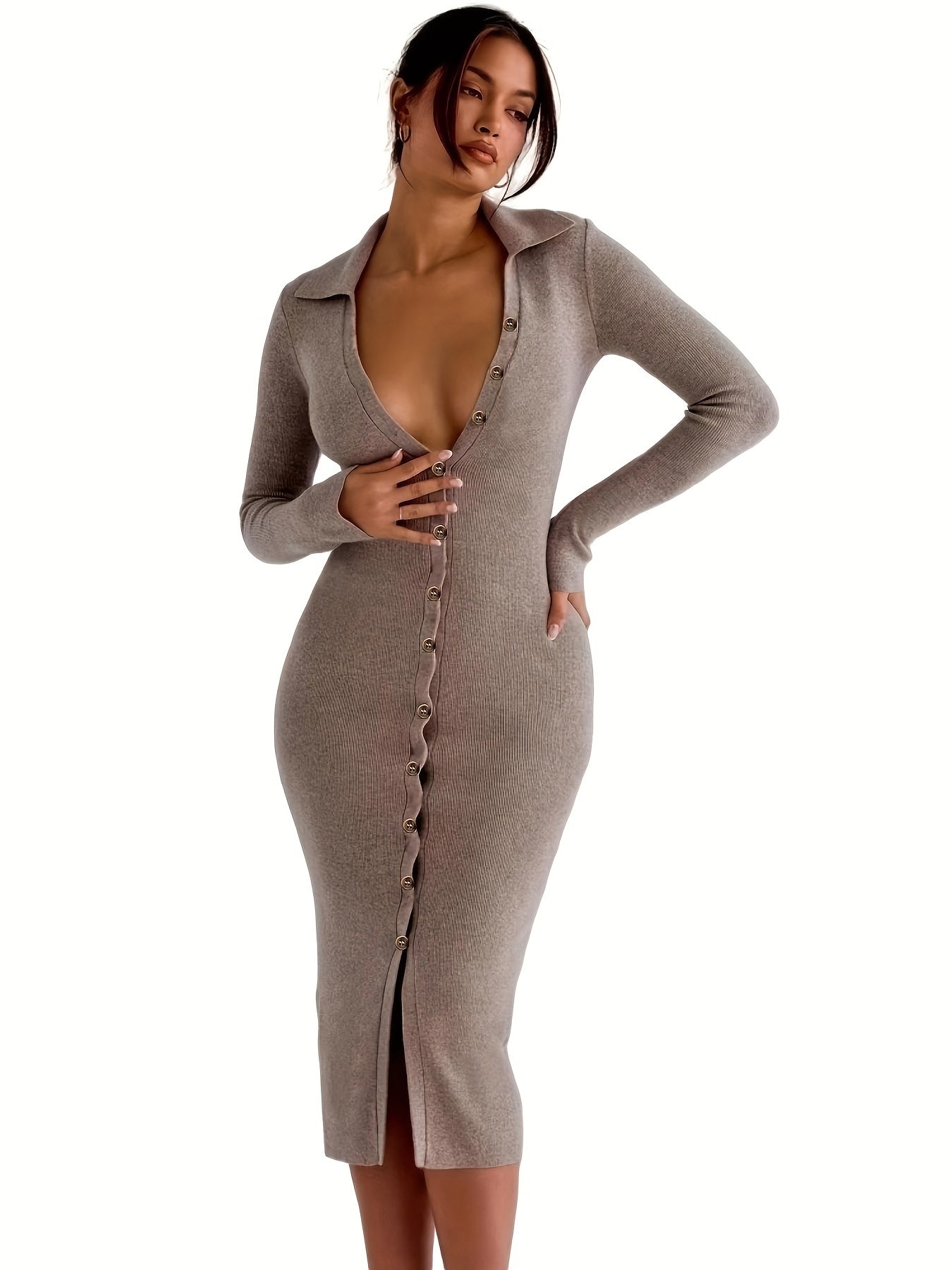 Antmvs Button Front Midi Dress, Casual Long Sleeve Bodycon Dress, Women's Clothing