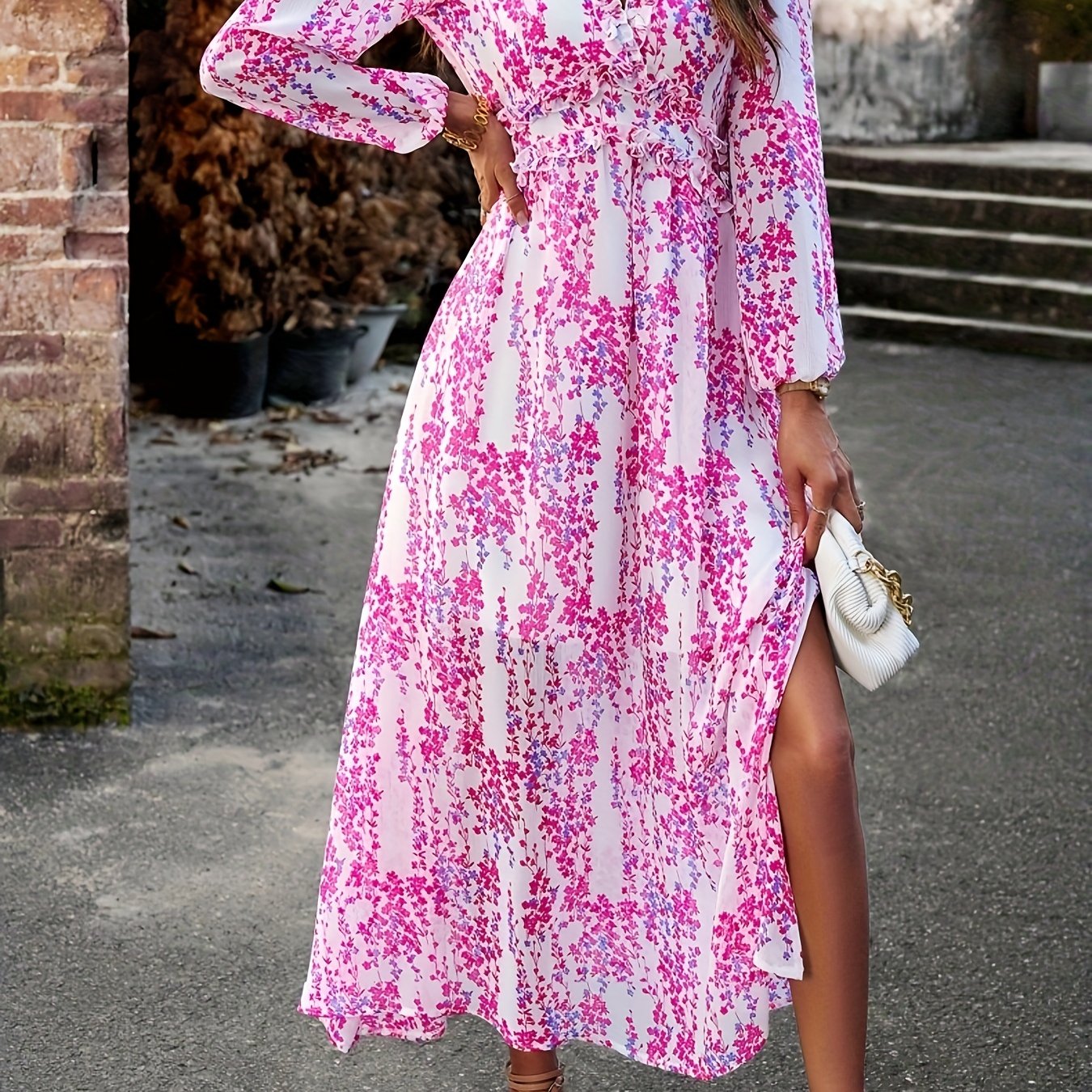 Antmvs Floral Print Maxi Dress, Casual V Neck Long Sleeve Dress, Women's Clothing