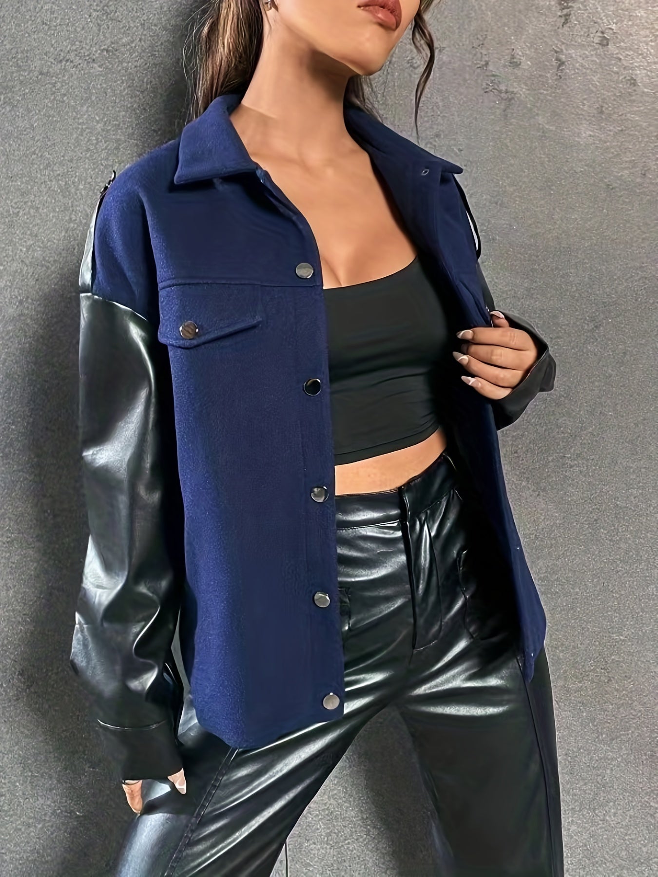 Antmvs Faux Leather Splicing Color Block Jacket, Vintage Long Sleeve Drop Shoulder Jacket, Women's Clothing