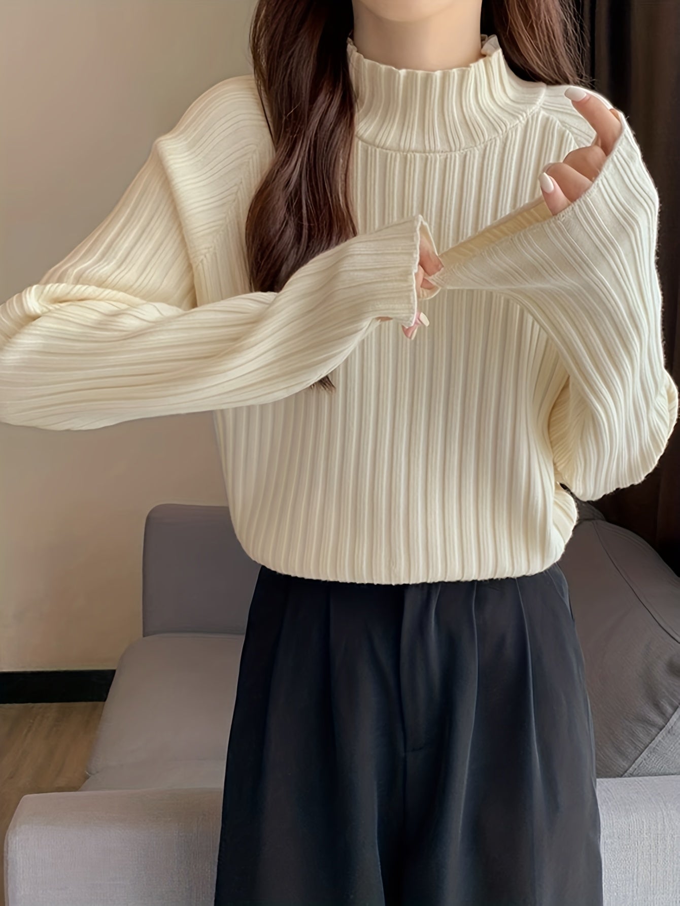 Antmvs Solid Mock Neck Rib Knit Sweater, Casual Long Sleeve Thick Versatile Sweater, Women's Clothing
