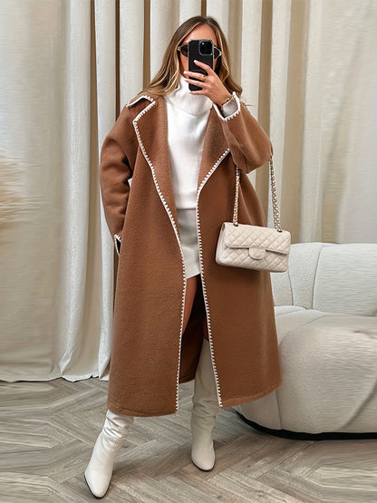 Antmvs Contrast Trim Open Front Coat, Elegant Long Sleeve Fall & Winter Warm Outerwear, Women's Clothing