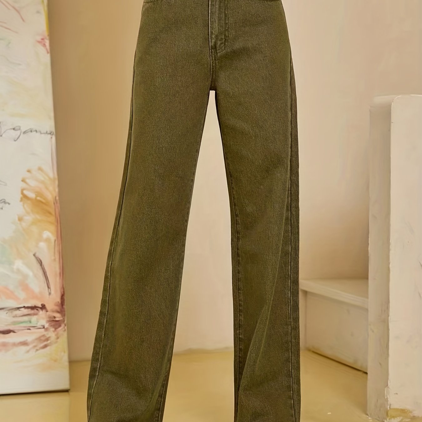 Antmvs Olive Green Frayed Hem Jeans, Solid Color Slant Pocket Straight Leg Denim Pants, Women's Denim Jeans & Clothing