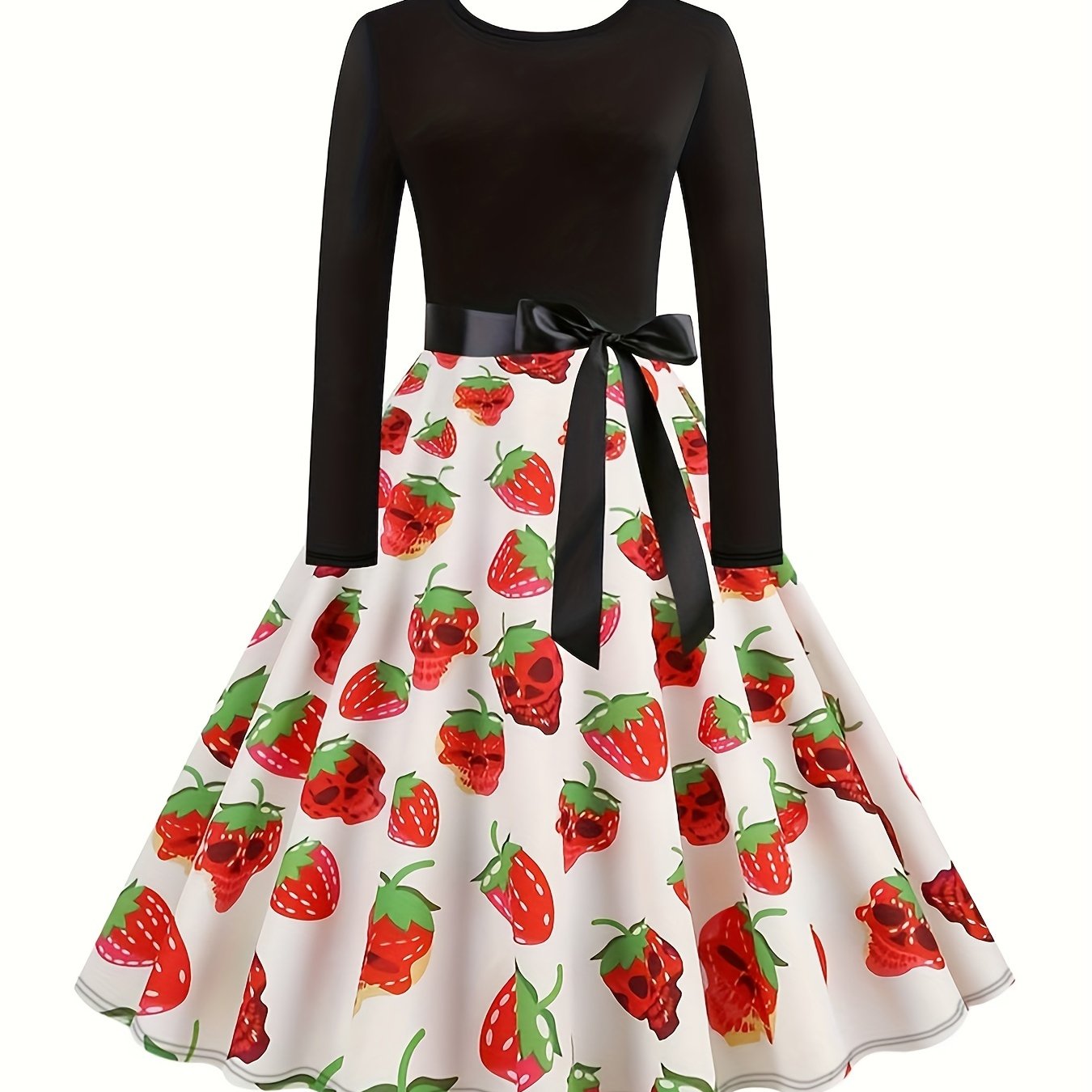 Antmvs Plus Size Casual Dress, Women's Plus Skull & Strawberry Print Long Sleeve Round Neck Bow Knot Dress