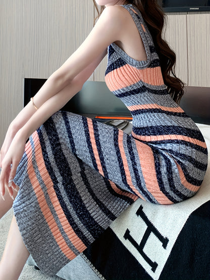 Antmvs Striped Bodycon Midi Dress, Casual Crew Neck Sleeveless Dress, Women's Clothing