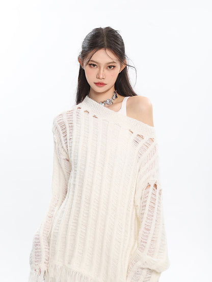 Antmvs Christine Solid Color Knitted Distressed Turtleneck Cutout Long Sleeve Sweater Top