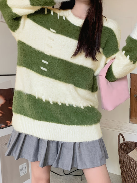 Antmvs Color Block Knitted Pullover Sweater, Casual Long Sleeve Sweater For Fall & Winter, Women's Clothing