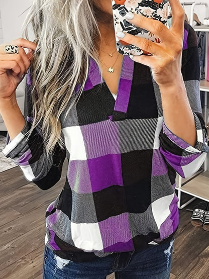 Antmvs  Casual Plaid Shirt, Long Sleeve V-neck Shirt,  Casual Every Day Tops, Women's Clothing