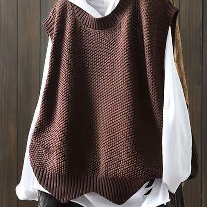 Antmvs Solid Crew Neck Knitted Vest, Casual Sleeveless Loose Sweater, Women's Clothing