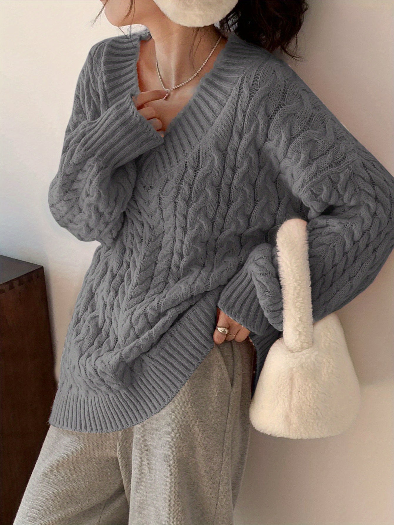 Antmvs Oversized V Neck Knitted Pullover Sweater, Elegant Long Sleeve Sweater For Fall & Winter, Women's Clothing