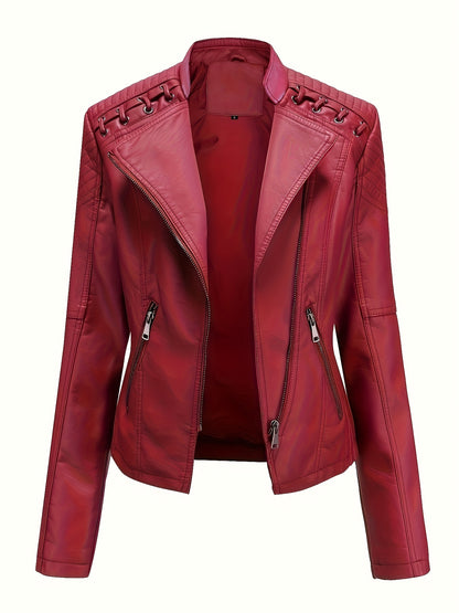 Antmvs Zipper Faux Leather Jacket, Casual Solid Long Sleeve Outerwear, Women's Clothing