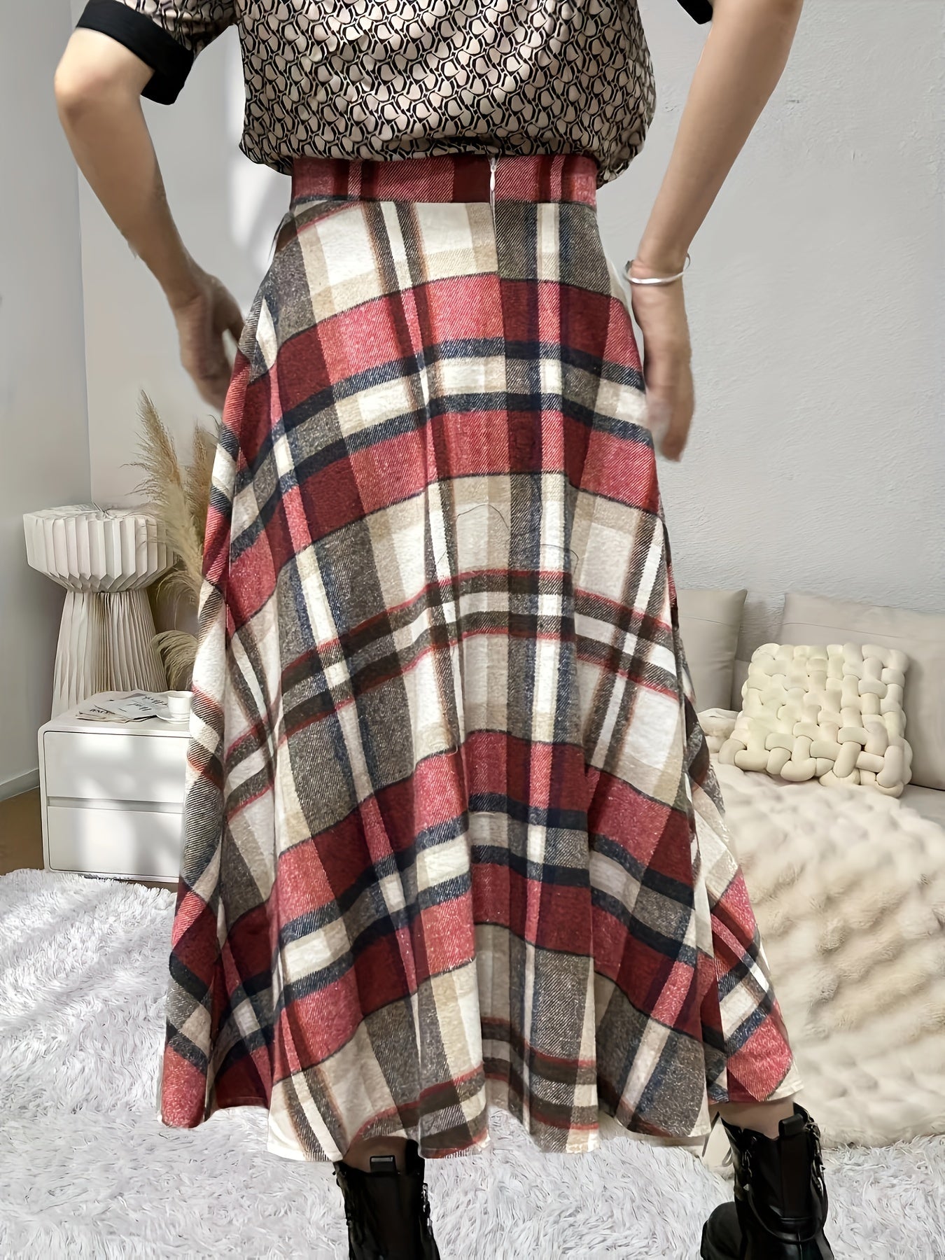 Antmvs Plaid Print High Waist Skirt, Elegant Ruffle Hem Midi Skirt For Fall & Winter, Women's Clothing
