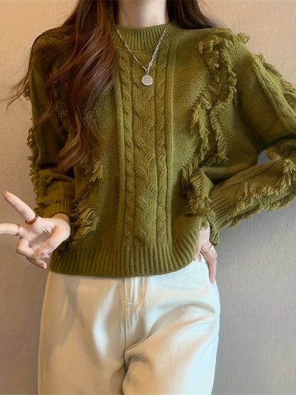 Antmvs Solid Tassel Decor Sweater, Versatile Long Sleeve Crew Neck Sweater, Women's Clothing