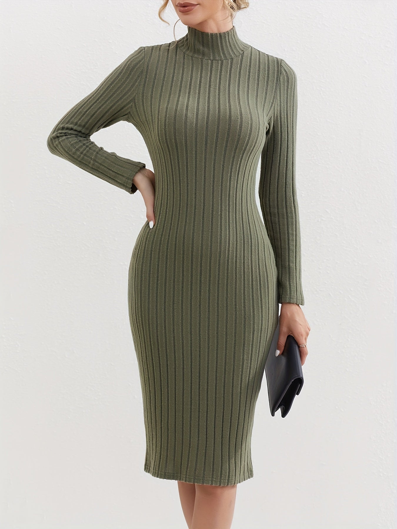 Antmvs Ribbed High Neck Dress, Elegant Solid Long Sleeve Bodycon Dress, Women's Clothing