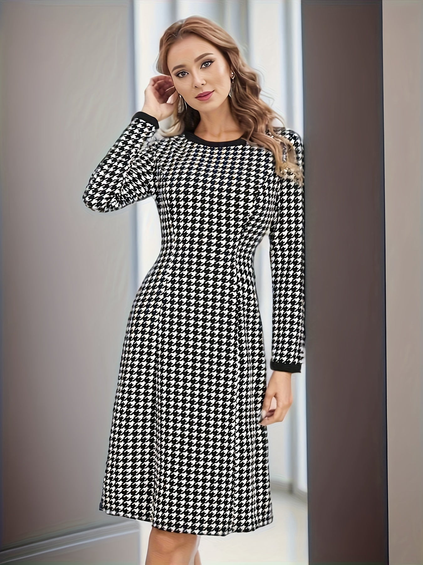 Antmvs Houndstooth Pattern Contrast Trim Dress, Elegant Long Sleeve Crew Neck Dress, Women's Clothing