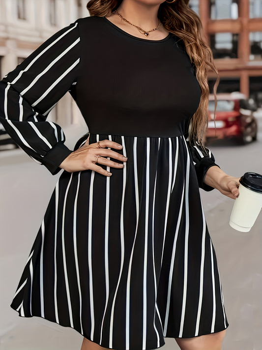 Antmvs Plus Size Trendy Dress, Women's Plus Colorblock Striped Long Sleeve Round Neck Slight Stretch Dress