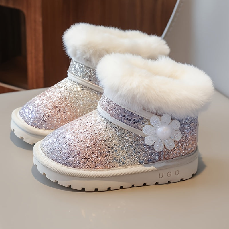 Vibrant Sequin Flower Furry Snow Boots for Girls - Warm, Non-slip, Wear-resistant, Plus Fleece Lined, Comfortable, and Stylish Winter Boots for Autumn and Winter Season