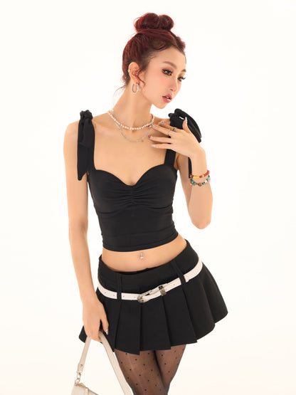 Antmvs Nora Solid Color Black Ribbon Tie Strap Slim Backless Cut Out Design Top