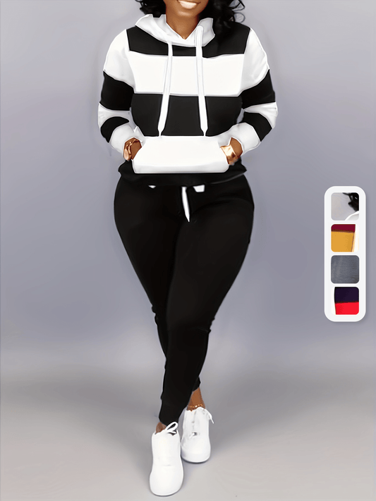 Plus Size Color Block Hoodie & Pants Tracksuit Set - Comfortable, Stylish 2 Piece Fitness Outfit with Drawstring Hoodie & Kangaroo Pocket - Perfect for Workouts, Casual Wear, and Kings Day Celebrations