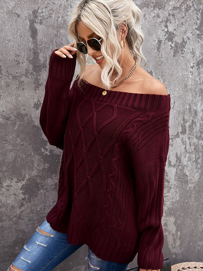 Antmvs Sexy Off Shoulder Sweater, Casual Solid Long Sleeve Loose Fall Winter Knit Sweater, Women's Clothing