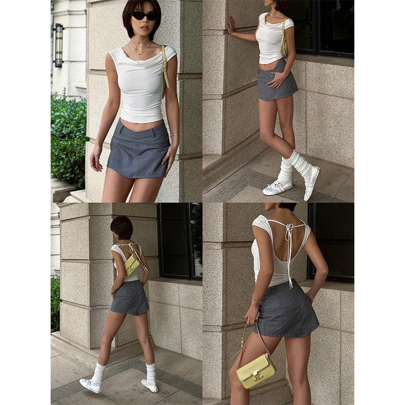 Antmvs Yuna Solid Color White Backless Lace-up Short-sleeved Pleated Slim Top