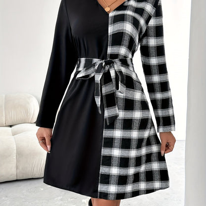 Antmvs Plaid Color Block Belted Dress, Elegant Long Sleeve Dress For Spring & Fall, Women's Clothing