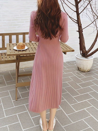 Antmvs Button Front V Neck Dress, Chic Solid Color Long Sleeve Pleat Dress, Women's Clothing