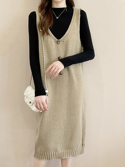 Antmvs Plunging Solid Midi Dress, Elegant Sleeveless Knitted Dress With Buttons, Women's Clothing