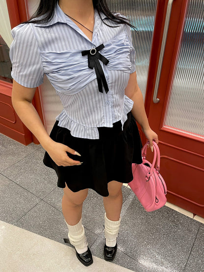 Antmvs Jennie Plus Size Blue Stripe Short Sleeve Bow Silver Brooch Button Up Top + Plus Size Solid Color High Waist Pleated Mini Skirt Cute Matching Set