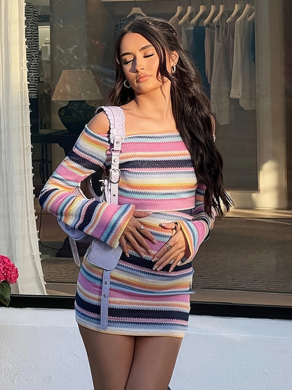 Antmvs Stripe Print Bodycon Dress, Casual Slim Fit Off Shoulder Long Sleeve Mini Dress For Spring & Fall, Women's Clothing