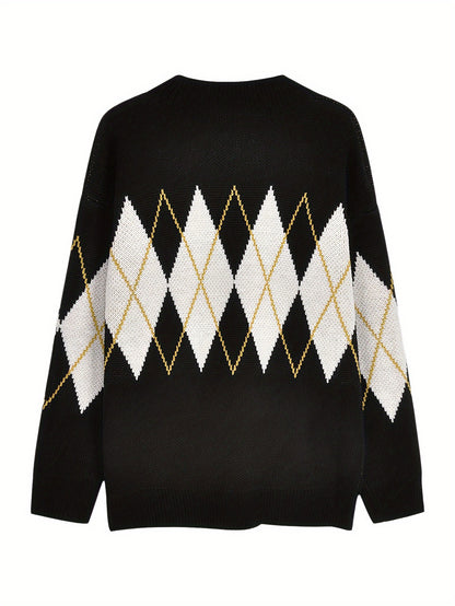 Antmvs Argyle Pattern Knit Sweater, Casual Long Sleeve Pullover Sweater, Women's Clothing