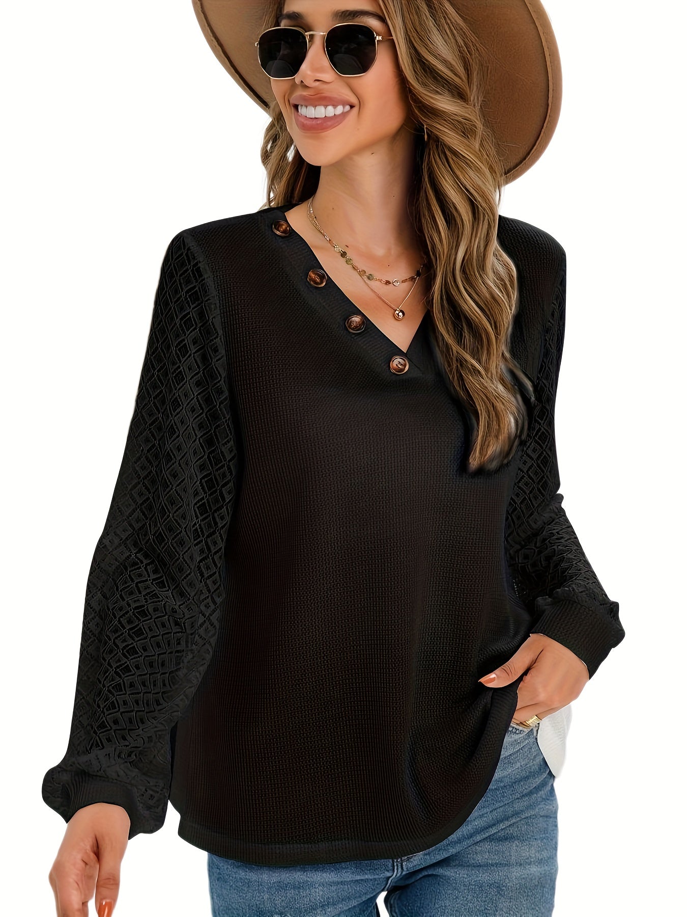 Antmvs Plus Size Casual Knit Top, Women's Plus Solid Contrast Lace V Neck Button Decor Long Sleeve Slight Stretch Sweater